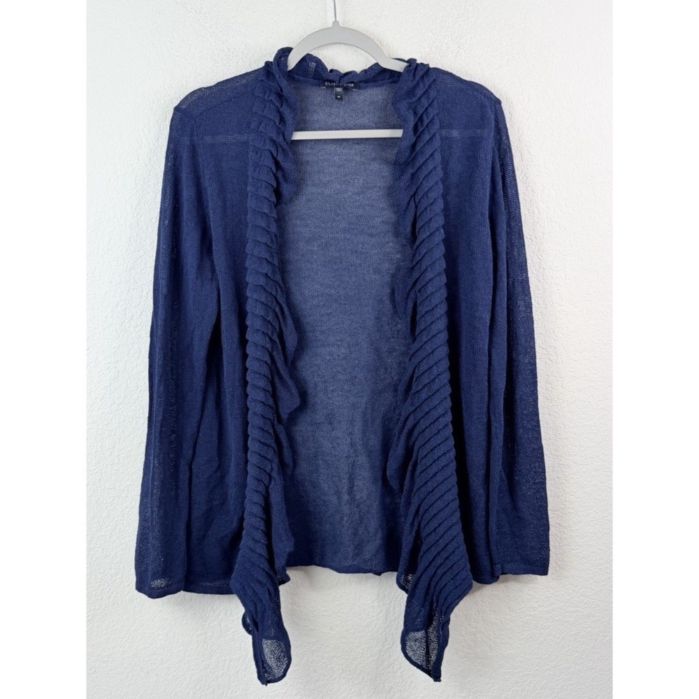Eileen Fisher Linen Blend Open Front Cardigan M Blue Ruffle Draped Coastal Beach
